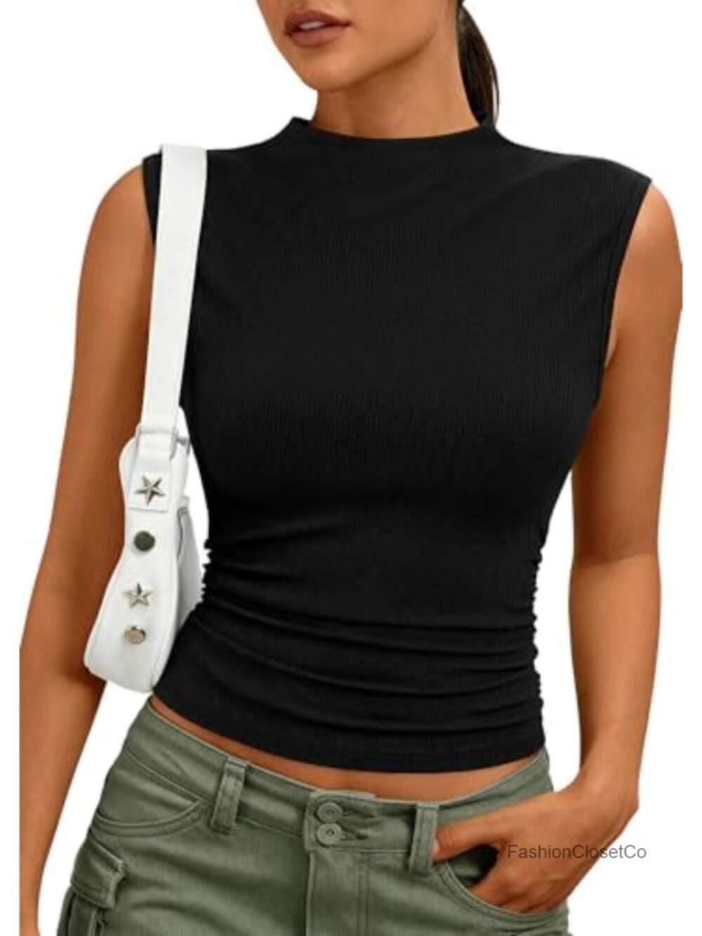 Ribbed Knit Sleeveless Mock Neck Tank Top Women's Slim Fit Basic T-Shirt